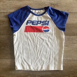 Pepsi Graphic T-Shirt Womens Medium White Blue Raglan Sleeve Crop Top Retro Y2K